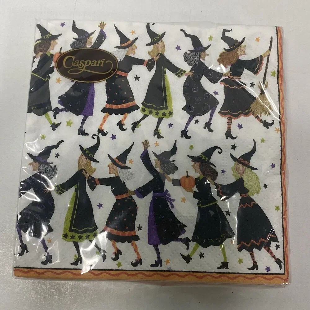Decoupage Paper Napkin 2pks Caspari Halloween Witch Cat Pumpkin Mint